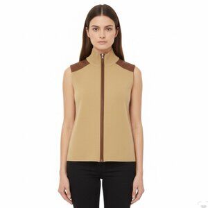 Lauren Ralph Lauren Womens Beige Sleeveless Vest With Faux Leather Trim Size XL